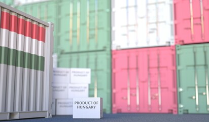 Box with PRODUCT OF HUNGARY text and cargo containers. 3D rendering