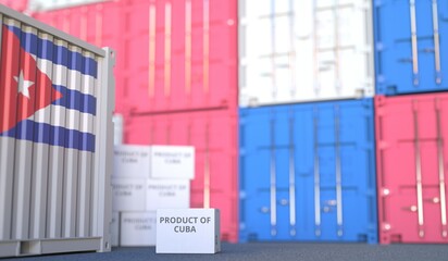 Box with PRODUCT OF CUBA text and cargo containers. 3D rendering