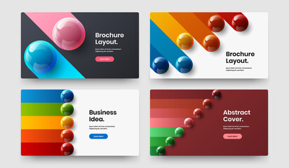 Clean booklet design vector concept set. Fresh 3D spheres website layout composition.