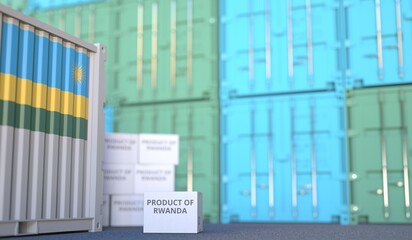 Carton with PRODUCT OF RWANDA text and many containers, 3D rendering