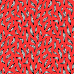 pattern of Grey plant leaves on a red background. Botanical seamless pattern with leaves drawn by hand. Design for fabric, Wallpaper, textiles, packaging, backgrounds.