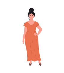 Modern young woman in long dress. Stylish fashionable look. Hand drawn vector illustration