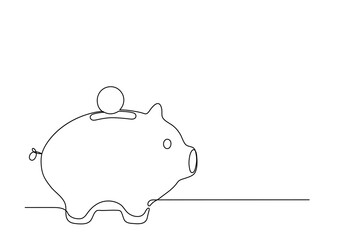 Piggy bank with coin. Continuous line.