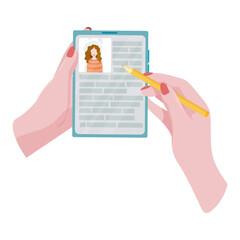Hands holding a phone or tablet. Math lesson, video course, online learning, distance learning, webinar, internet class. A woman holds a phone or tablet in her hand. Vector illustration.