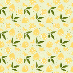 Vector seamless pattern with lemons and leaves. On a green background