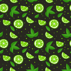 Lime with green leaves, citrus slice on black background. Seamless pattern tropical pattern
