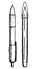 Ballpoint pens doodle set. Sketch of school supply, office stationery, writing equipment. Hand drawn vector illustration. Outline clipart isolated on white.