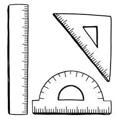 Protractor, set square, ruler with scale. School supplies ink sketches. Hand drawn vector illustration. Retro outline clipart isolated on white background.
