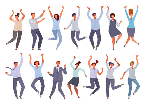 Set of happy people exulting and enthusiastically rejoicing in business success. Men and women, office staff rejoice