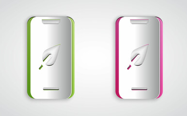 Paper cut Smartphone, mobile phone with leaf icon isolated on grey background. Paper art style. Vector