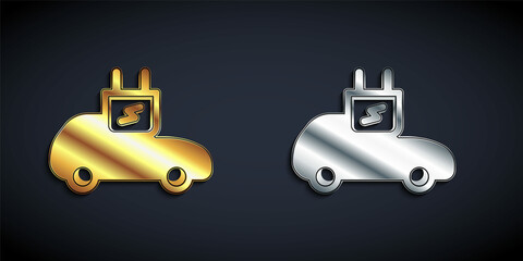 Gold and silver Electric car and electrical cable plug charging icon isolated on black background. Renewable eco technologies. Long shadow style. Vector