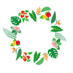 Naklejka premium Circular frame of tropical flowers. Vector isolated colorful illustration in flat style.