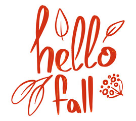 Hello Fall vector hand drawn lettering design. Autumn calligraphy phrase. Printable illustration for posters, mugs, pillows, flyers, postcards.
