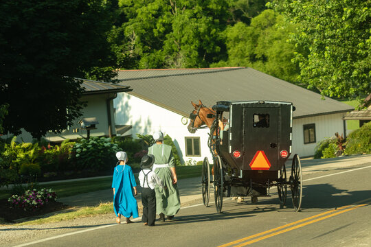 Amish family walking beside a family in a buggy