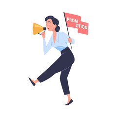 Promotion with Woman Character with Flag and Megaphone Announcing New Product as Marketing and Advertisement Campaign Vector Illustration