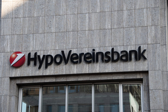 Hamburg,  Germany  22 June 2022,  The brand logo of the "Hypovereinsbank" in front of a branch in Hamburg