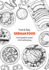 German food menu sketches. Design template. Hand drawn illustration. German cuisine. Food sketch. Black and white. Engraved style.