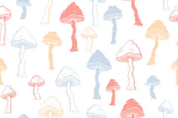 Amanita choky inedible mushrooms seamless pattern vector illustration.