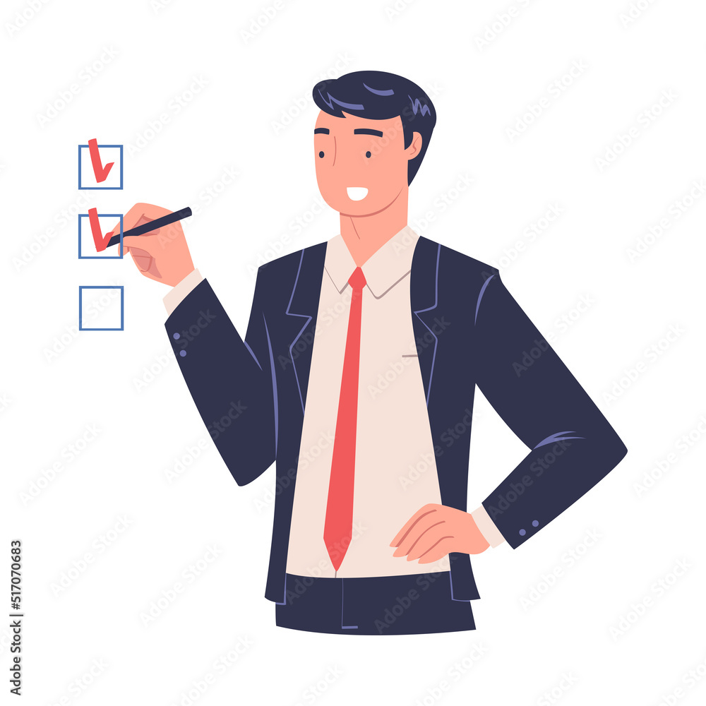 Sticker smiling man office employee in tie marking checkbox vector illustration