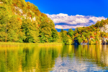Landscape view over great Pliva lake during autumn day in Jajce, Bosnia and Herzegovina.