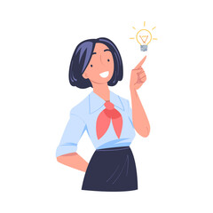 Smiling Woman Office Employee with Lightbulb Having Idea Vector Illustration