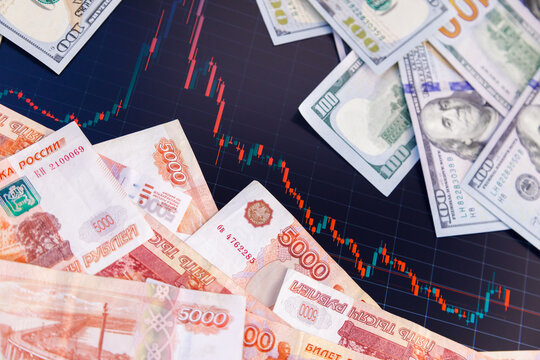 US dollar and russian ruble banknotes over digital screen with real life exchange chart, USD RUB depreciation concept