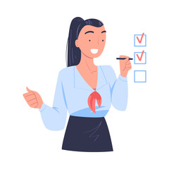 Smiling Woman Office Employee Marking Checkbox Vector Illustration