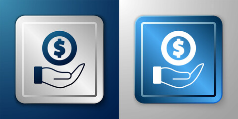 Obraz premium White Money with shield icon isolated on blue and grey background. Insurance concept. Security, safety, protection, protect concept. Silver and blue square button. Vector
