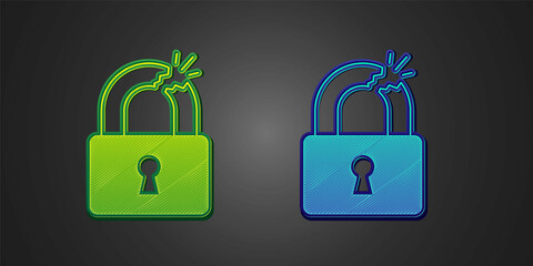 Green and blue Broken or cracked lock icon isolated on black background. Unlock sign. Vector