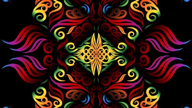 luxurious caleidoscope motion graphics colourful rainbow flowers line art pattern of indonesian culture traditional  batik  for intro opening ads commercial