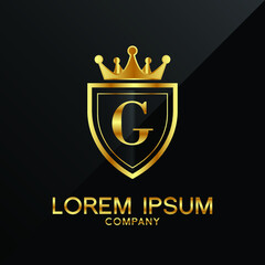 Letter G crest logo Alphabet logotype shield crown gold vector design