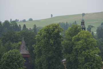 Dachy kościoła wychodzący z drzew na tle łąki w górach, Zakopane, Polska