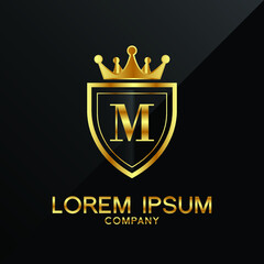 Letter M crest logo Alphabet logotype shield crown gold vector design