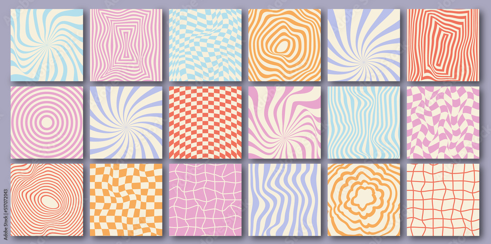 Wall mural vector set of groovy social media backgrounds. checkerboard, chessboard, mesh, waves patterns. twist