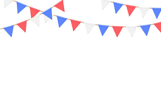 Flag garland. White, blue, red pennants chain. Party bunting decoration. Triangle celebration flags for event decor. Vector © vika_k