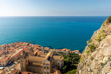 Obraz na płótnie Canvas Cefalu, Sicily - Italy - July 7, 2020: Aerial view of Cefalu old town, Sicily, Italy. One of the major tourist attractions in Sicily. Picturesque view from Rocca di Cefalu.