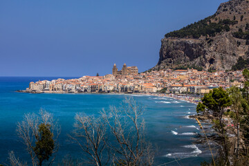 Fototapeta na wymiar Cefalu, Sicily - Italy - July 7, 2020: Nice view of the medieval old town of Cefalu in Sicily in Italy