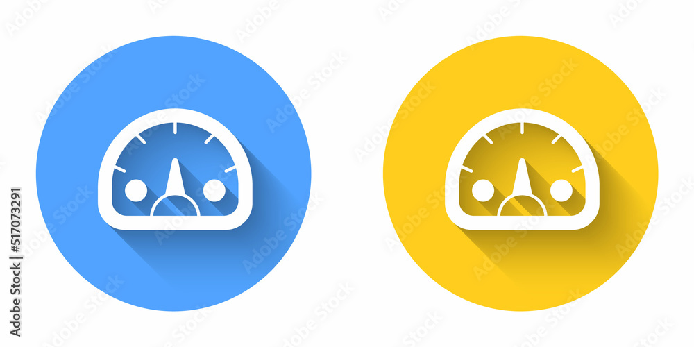 Poster white speedometer icon isolated with long shadow background. circle button. vector