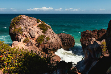 Puerto rico Aguadilla survival beach caves with big rocks formation from the caribbean coast puerto rico northwest side. Island coast nature structure.	