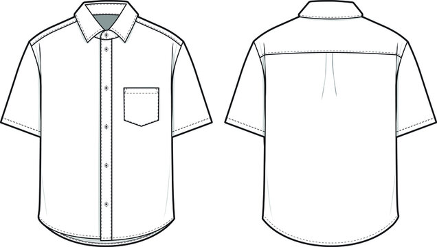 Oxford Collared Button Shirt Short Sleeve Flat Technical Drawing Illustration Blank Mock-up Template for Design and Tech Packs CAD