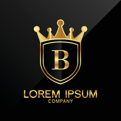 Letter B crest logo Alphabet logotype shield crown gold vector design