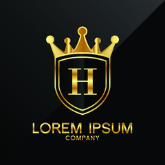 Letter H crest logo Alphabet logotype shield crown gold vector design