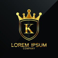Letter K crest logo Alphabet logotype shield crown gold vector design