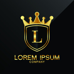 Letter L crest logo Alphabet logotype shield crown gold vector design