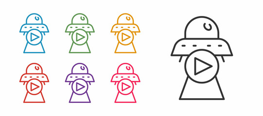 Set line Science fiction icon isolated on white background. Sci fi movies, popular futuristic fantasy films. Cinema category. Flying saucer, UFO. Set icons colorful. Vector