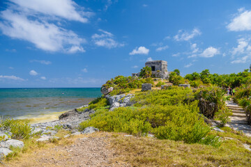 Fototapeta na wymiar Structure 45, offertories on the hill near the beach, Mayan Ruins in Tulum, Riviera Maya, Yucatan, Caribbean Sea, Mexico