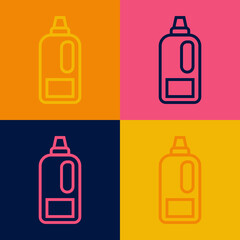 Pop art line Plastic bottle for laundry detergent, bleach, dishwashing liquid or another cleaning agent icon isolated on color background. Vector