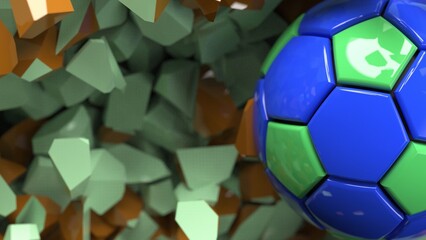 Blue-Green Soccer ball breaking with great force through green-brown wall under spot light background. 3D high quality rendering. 3D illustration. 3D CG.