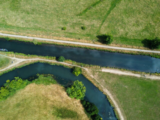 Aerial down shot of river junction in Hertford