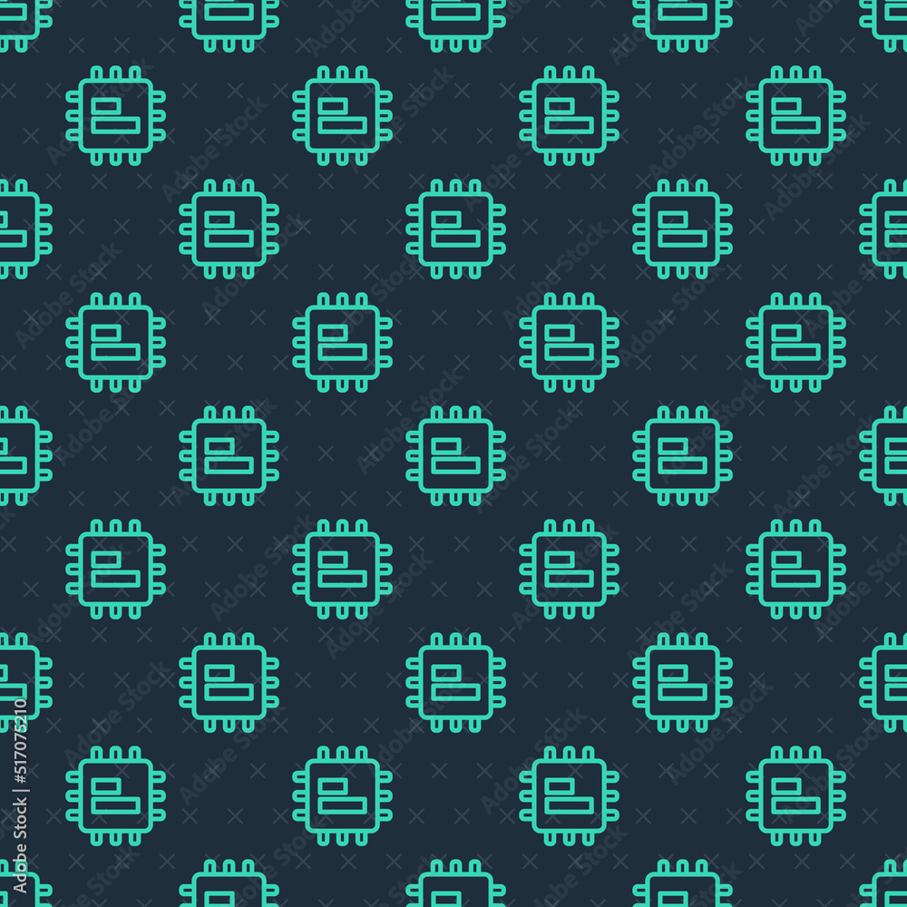 Poster green line computer processor with microcircuits cpu icon isolated seamless pattern on blue backgrou